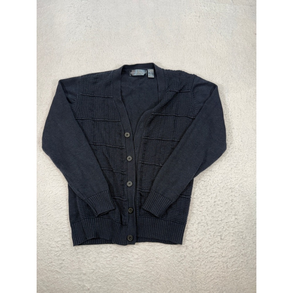 Oscar de la Renta Mens Navy Blue Grid Textured V-Neck Button Cardigan Sweater L